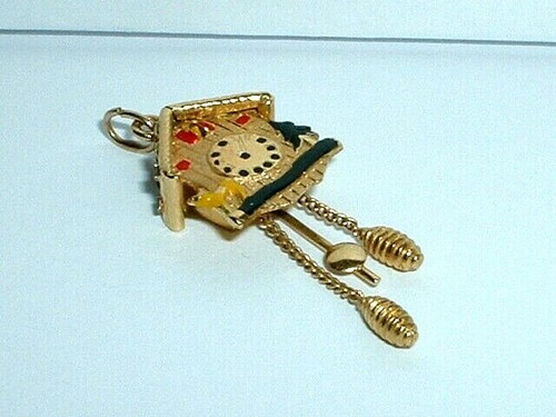 VINTAGE 18k TWO TONE GOLD MOVEABLE CUCKOO CLOCK CHARM PENDANT 14k gold jump ring - Picture 4 of 9
