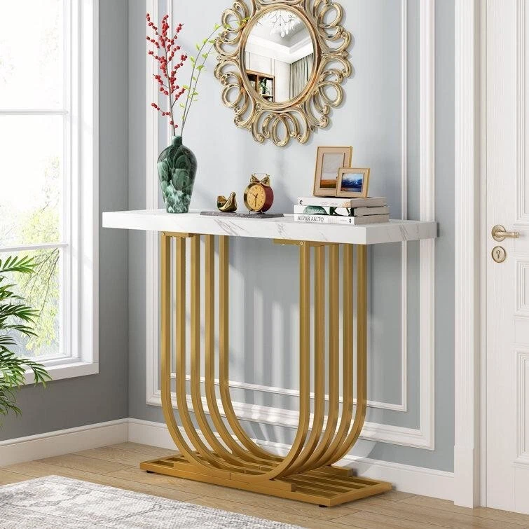 Modern Faux Marble Console Table with Gold Base – 39" Entryway Accent - Image 2 of 4
