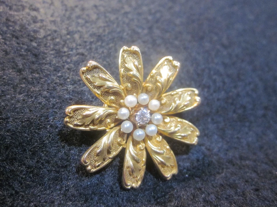 Broche prendedor flor perla semilla diamante oro 14K 5,2 gr antiguo eduardiano victoriano Foto 4 de 4
