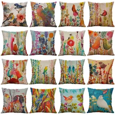 Colorful Birds Flowers Pillow Covers Faux Linen Décor Cottage Throw Pillowcase