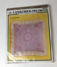 Vintage M&H Yarns Pink Posies Candlewick Pillow Kit NOS 14 x14 1983 floral