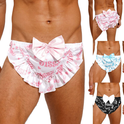 Men Satin Sissy Printing Panties Crossdresser Lingerie Ruffle Bloomers Underwear - Picture 1 of 41