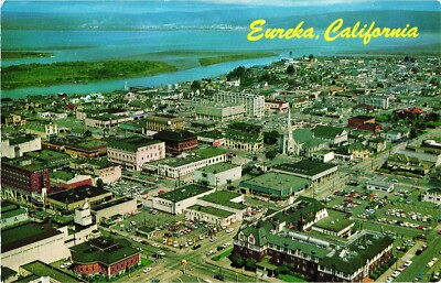 Eureka California and Humboldt Bay Aerial View Postcard 1960s
