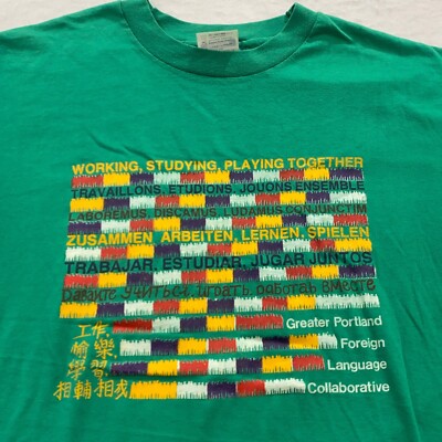 vtg 80s GREATER PORTLAND FOREIGN LANGUAGE COLLABORATIVE T-Shirt M/L oregon thin