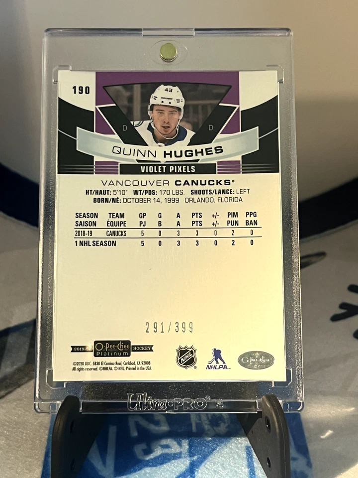 2019-20 OPC Platinum Violet Pixels Quinn Hughes Marquee Rookies RC 103/399 - Image 2 of 2
