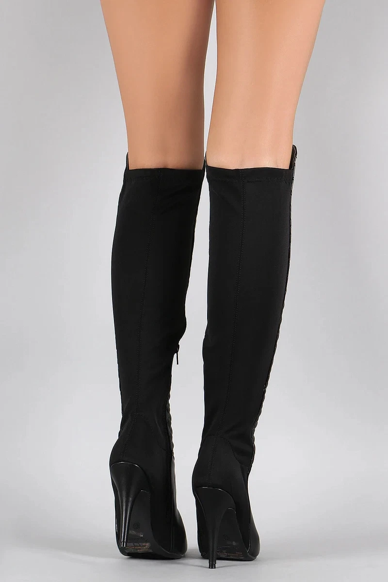 Botas de aguja Anne Michelle negras acolchadas y lycra OTK punta puntiaguda talla 6