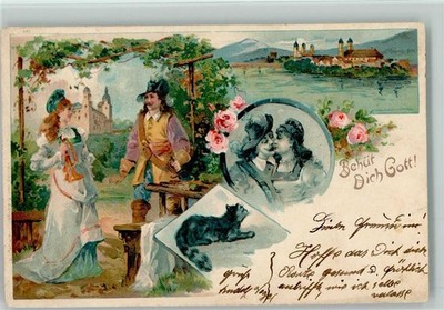 12079065 - Behuet Dich Gott, litho - woman with trumpet, cat trumpeter by