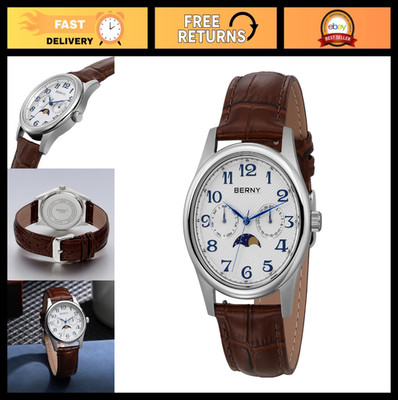 Men's Silver Moon Phase Quartz Watch - Multi-Function Analog Wristwatch, Easy Re