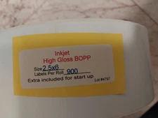 2.5" x 6" x 900 Labels, White Gloss BOPP Roll Inkjet Labels, 3" Core, Blank