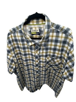 Magellan Adventure Gear vented Shirt XL Gray Yellow Plaid Loose Fit Mag Wick S/S
