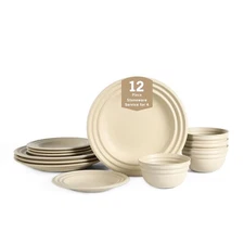 Zen Stoneware 12-Piece Dinnerware Set, Service for 4, Beige, Includes Salad -...