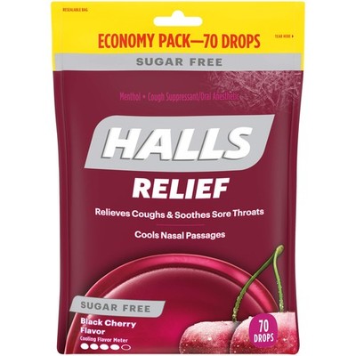 HALLS Relief Sugar Free Black Cherry Flavor Cough Drops, 70 Count (Pack of 1)