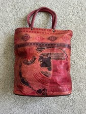 Vtg Egyptian Hand Tooled Red Leather Embossed Bag Tote Pharaoh Boho
