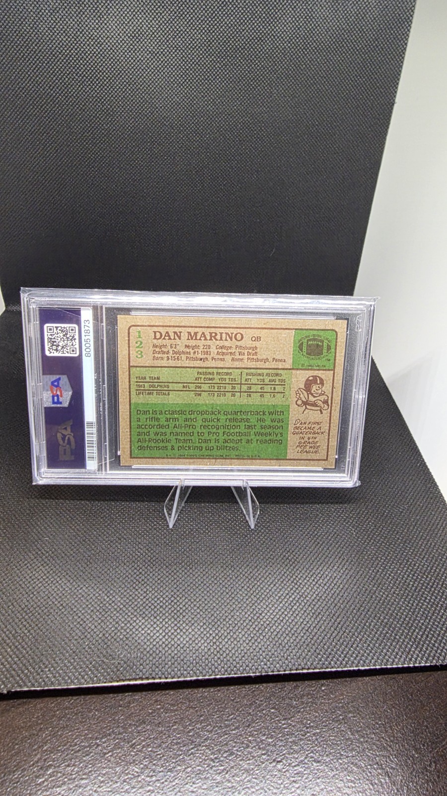 1984 Topps Dan Marino ROOKIE PSA 7 #123 Miami Dolphins Clean Slab Centered view 2
