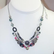 Ayala Bar Fabric Under Glass Rhinestone Dangles Necklace Red Black Gray NOS