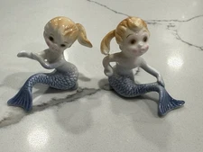 Vintage Mermaid Girl Figurines with Blue Tailfin 2” Tall