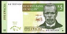 MALAWI 5 KWACHA BANKNOTE CURRENCY 1997 PREFIX AB - UNC