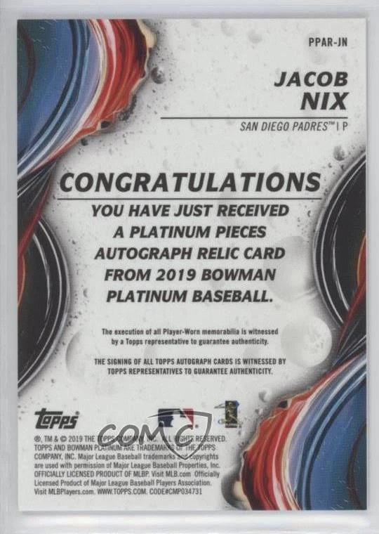 2019 Bowman Platinum Wal-Mart Pieces Relics /99 Jacob Nix Rookie Auto RC - Image 2 of 2