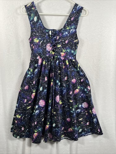 Hot Topic Galaxy Celestial Skater Dress XS Planet Cosmic Goth Pockets Lace-Up - Picture 7 of 14