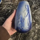 Antique Blue And White Milk Glass Vase, Mother Child