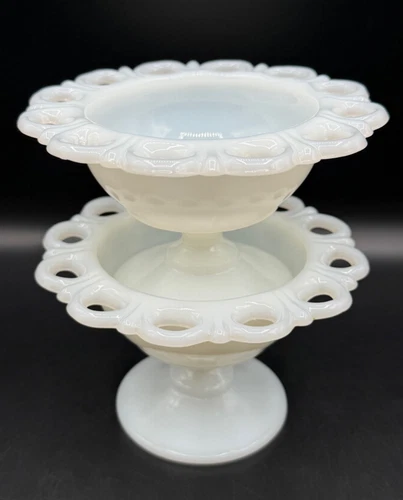 2 Vintage Petite 5'' Lace Edge White Milk Glass Compote Pedestal Candy Dishes