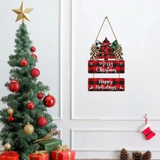 Merry Christmas Decorations Buffalo Plaid Trees Snowflakes Wooden Door Sign Gift