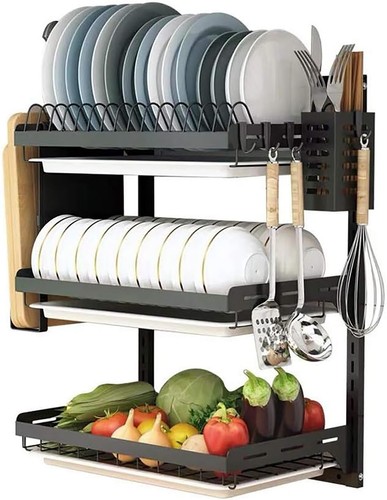 3 Tier Black Stainless Steel Dish Drying Rack Fruit Vegetable Storage Basket ...