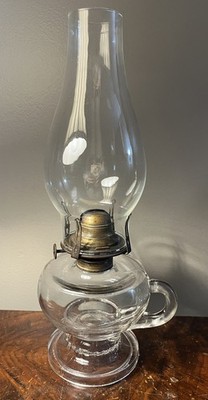 VTG Queen Anne Clear Glass Oil Lamp Finger Loop with Pedestal Base approx. 12 