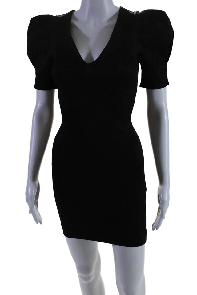Mini Vestido Negro Bec & Bridge Para Mujer Cuello en V Mangas Cortas Ajustado Texturizado Talla 2 Foto 2 de 4