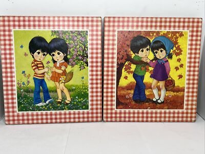 Lee BIG EYED BOY & GIRL Cork Litho Print Wall Plaques Spring & Fall Set of 2