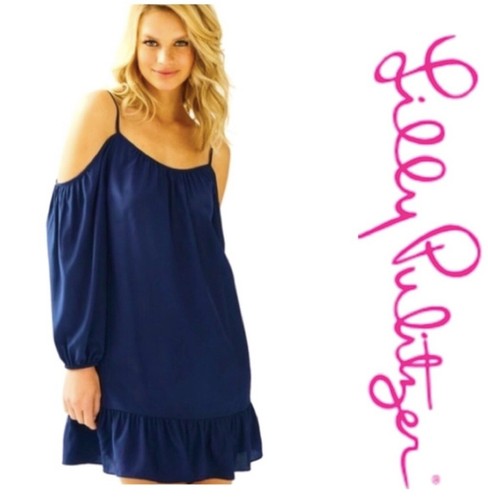 Lilly Pulitzer 100% Seide Cold Shoulder Kleid dunkelblau Größe XS