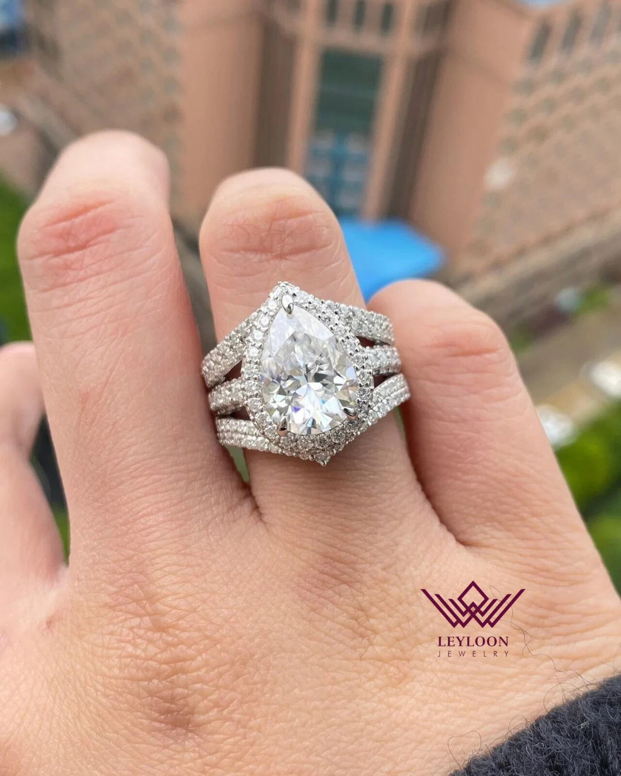 950 Platinum Pear Cut D Color Moissanite Double Halo Bridal Set