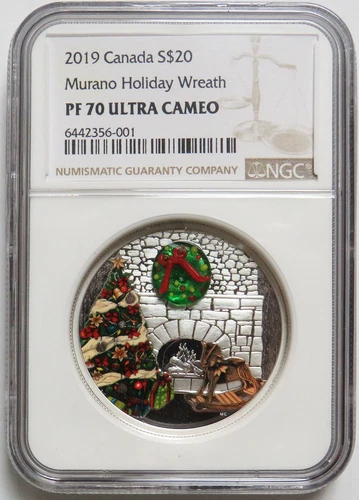 2019 SILVER CANADA 1oz HOLIDAY WREATH MURANO 3D COLORIZED $20 COIN NGC PF 70 UC