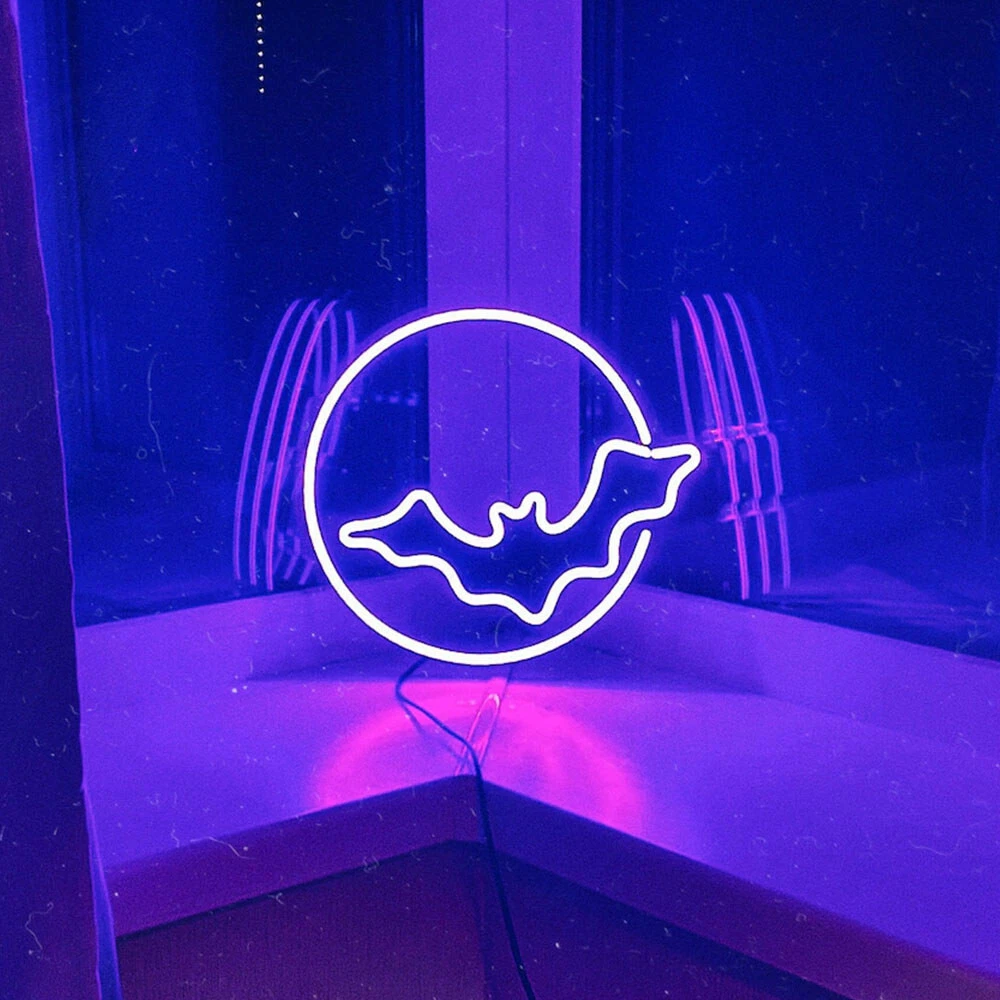 Bat and Moon LED Neon Light Sign, Halloween Wall Art Decor