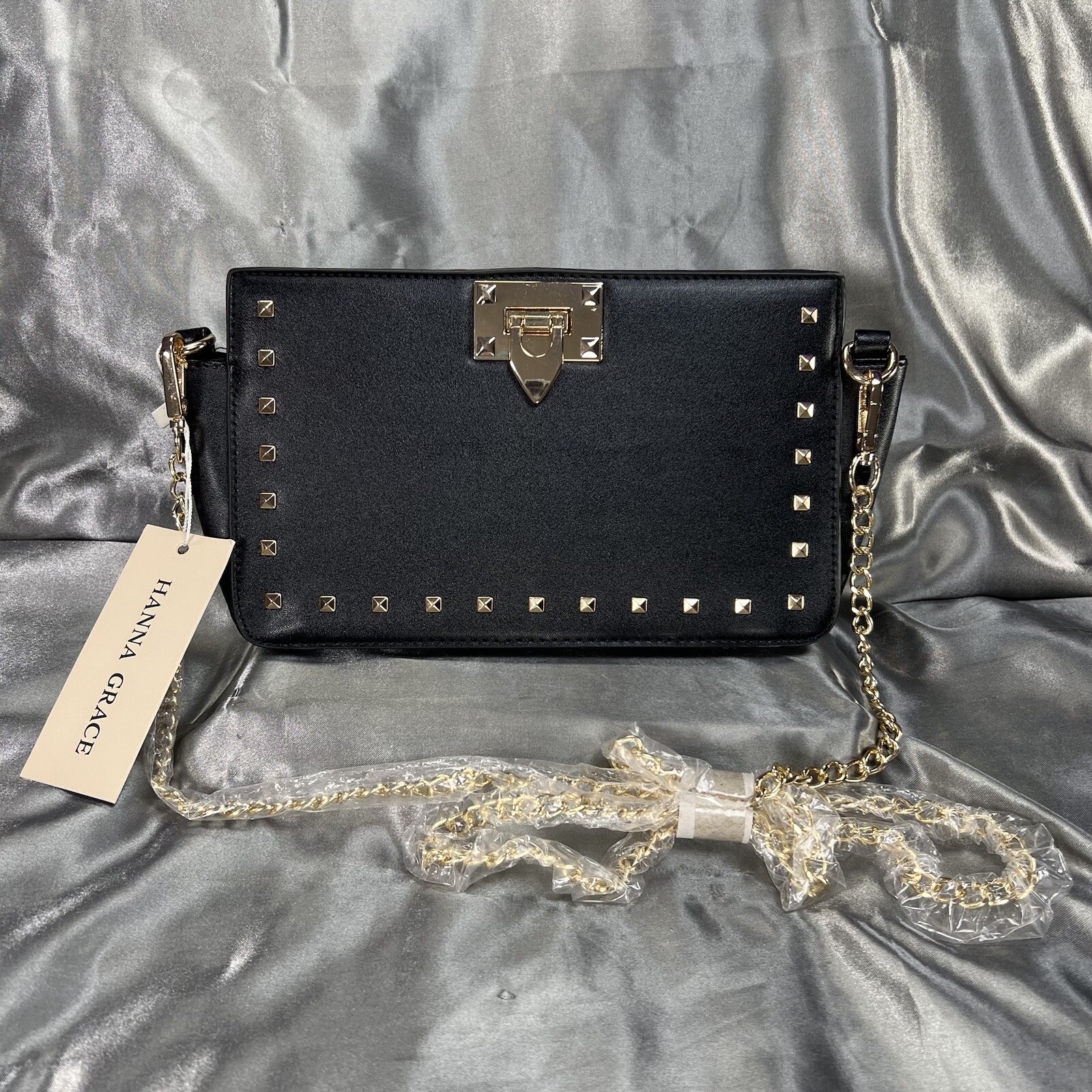 Hanna Grace Small Studded Clutch Bag with Removable Gold Chain Strap Black NWT