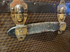 Antique Belber Traveling Goods Brown Monogram Print Hard Case Steamer Trunk