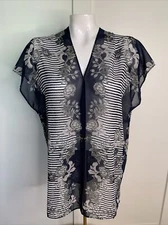 CAbi #5024 Yacht Blue Floral V-Neck Sheer Tunic Blouse Top Women's Sz M 