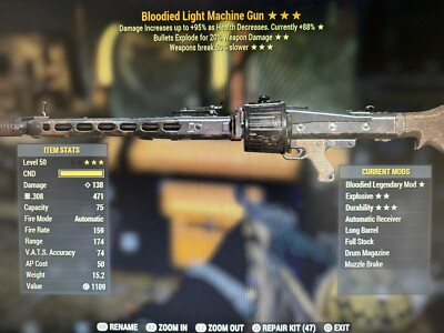 Fallout 76 PS4 Light Machine Gun, 3*, Bloodied, Explo, Weapons break slower