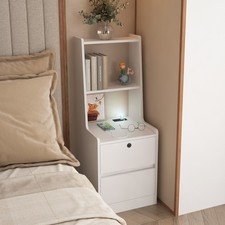 Nightstand with Charging Station, Night Light, Bookshelf  Storage Cabinet