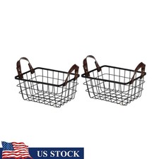 2-Pack Storage Baskets Steel Wire W/ Faux Leather Handles Home Organizer New