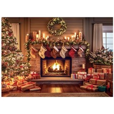 Christmas Fireplace Backdrop Christmas Xmas Tree Stocking Polyester Backgroun...