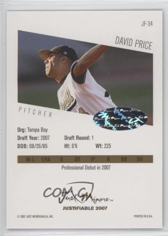 2007 Just Minors Justifiable Gold Auto /50 David Price #JF-34 Auto - Image 2 of 2