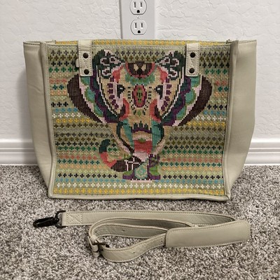 Nena & Co. Elephant Guatemala Artisan Tote Shoulder Strap Beige Leather Bag 