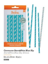 CANNUCCE DI CARTA BIODEGRADABILI RIGHE STELLINE E POIS CELESTE E BIANCO 80 PZ