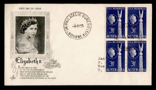 DR WHO 1955 AUSTRALIA FDC USA MEMORIAL BLOCK ARTCRAFT CACHET M69276
