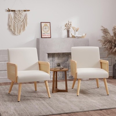 Accent Chair with Rattan Arms Set of 2, Dining Chair with Wood