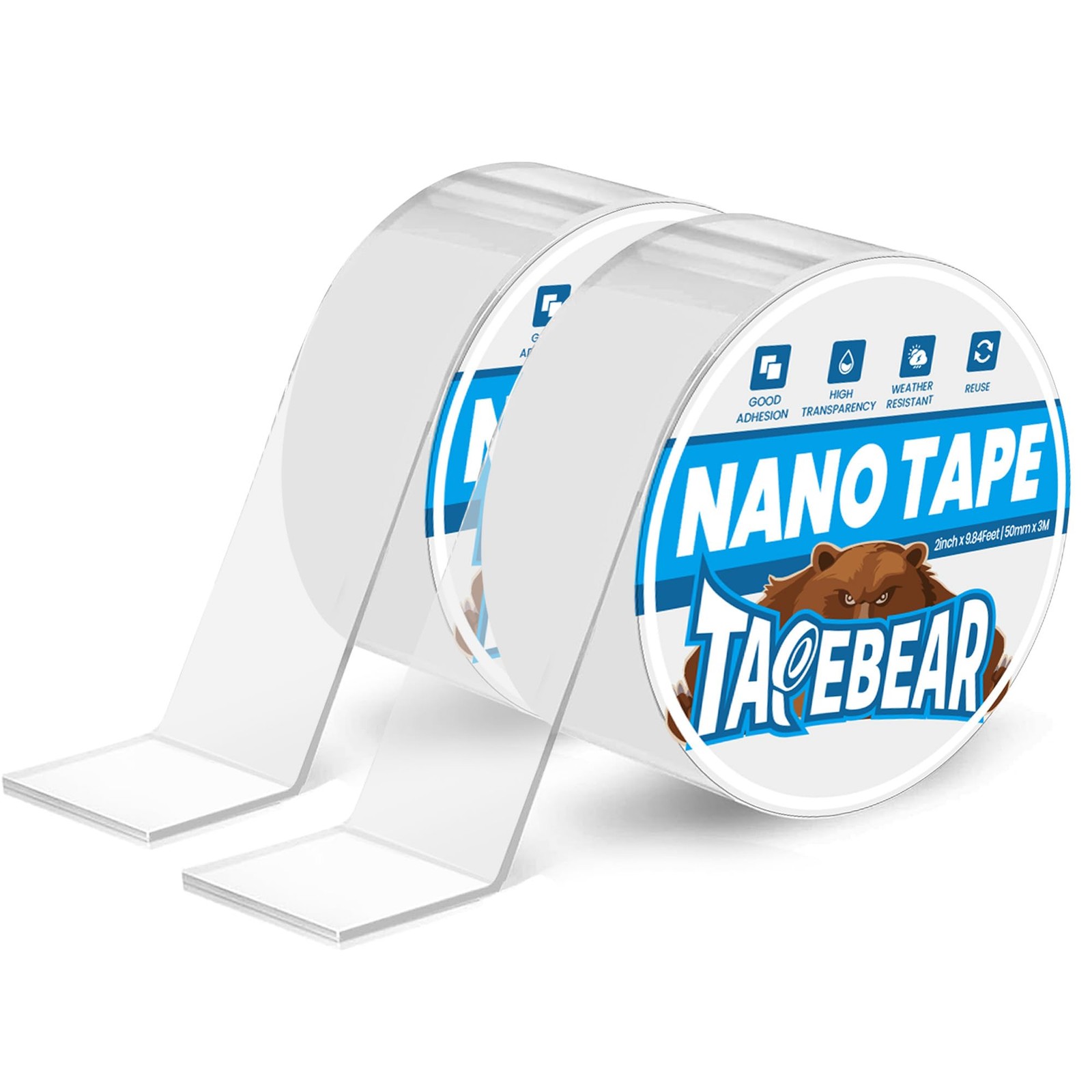 Ruban adhésif nano 50 mm x 3 m, scotch double face transparent et lavable