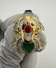 Vintage Small Gold Tone Clown w/ Red Nose Enamel Lapel Pin. Clear Stones.