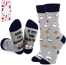 Funny Reading Socks for Book Lovers Gifts, Novelty Cute Reader Themed Crew Socks