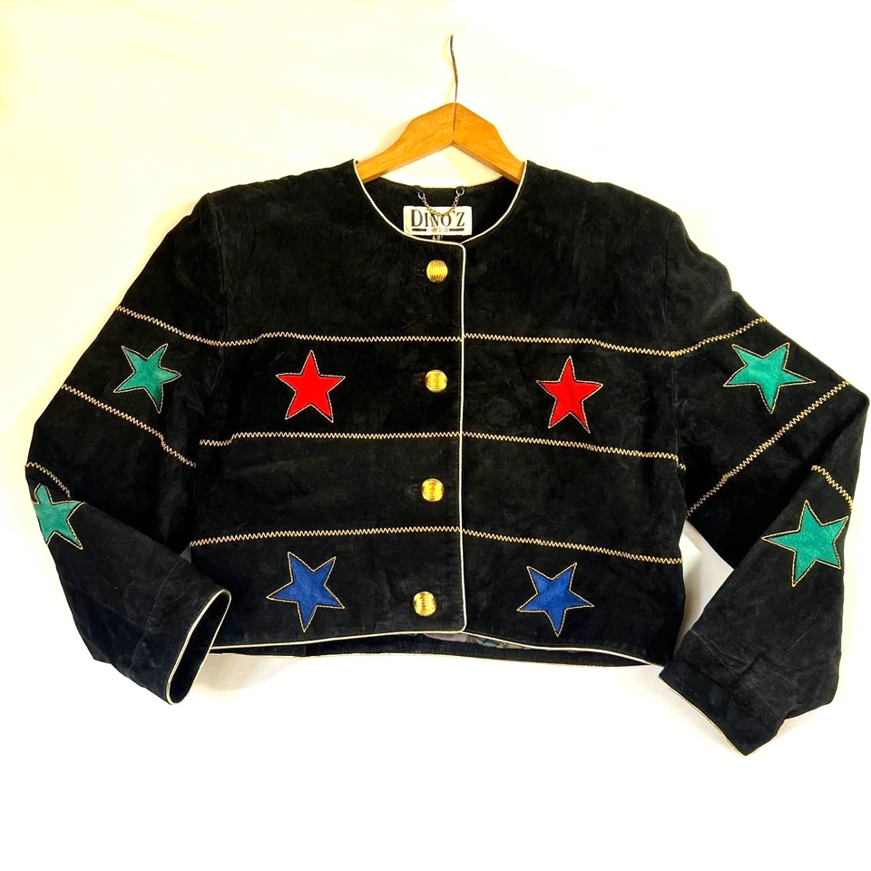 Chaqueta Estrella True Vintage Dino’z Cuero Gamuza Negra Talla 46 Años 80 Dorado Rojo Verde Foto 3 de 4